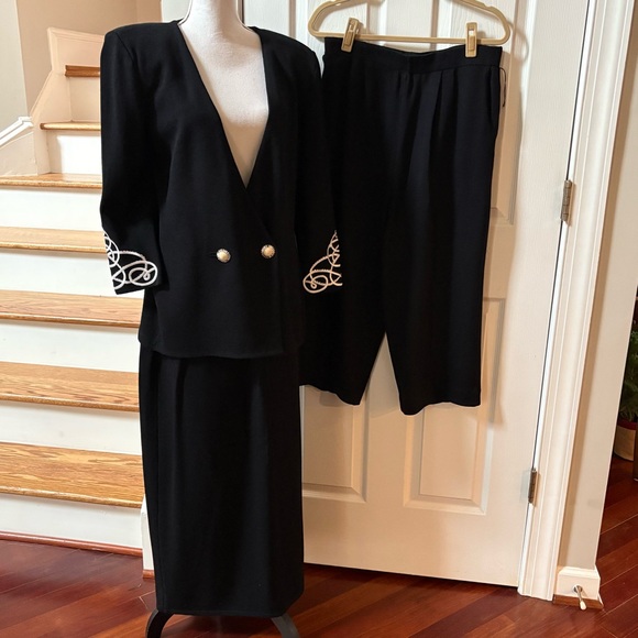 St. John Dresses & Skirts - St. John Knit Suit Black 3 Piece Embroidered Jacket Pants & Skirt Size 16